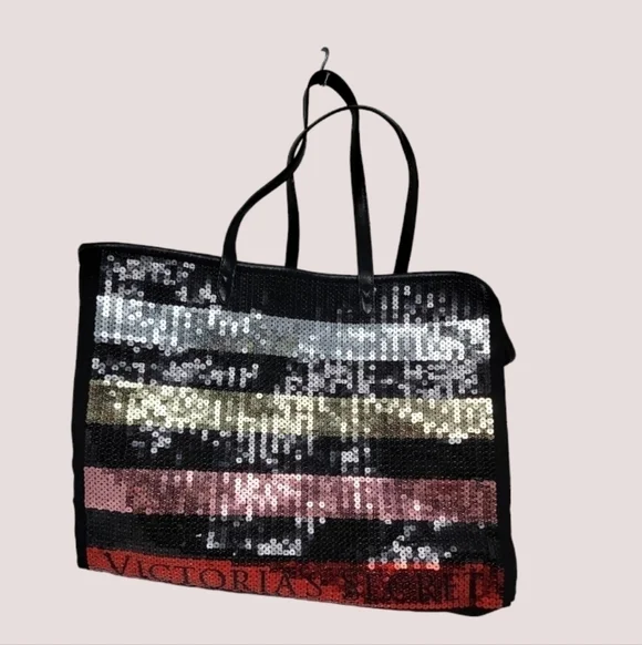 Victoria's Secret Sequined Spellout Logo Striped on Black Large Tote Bag T16