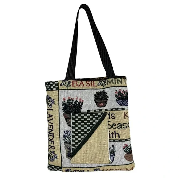 Handmade Tapestry Herb Garden Tote Bag Green‎ Velvet Reverse Cottagecore