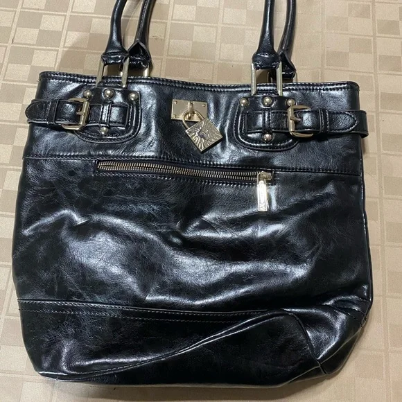 Anne Klein AK Zip Closure Tote/Purse/Bag Black Faux Reptile Gold‎ EUC 14” x 12”