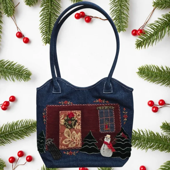 VTG‎ CAPPELLI STRAWORLD Christmas Snowman Holiday Scene Denim Tote Bag