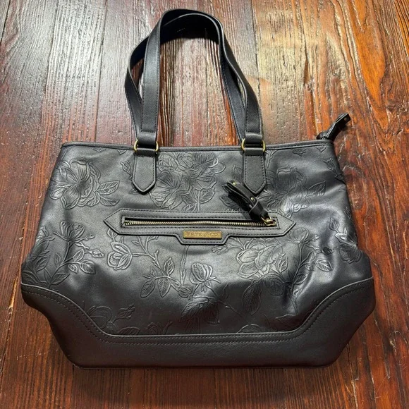 Frye & Co‎ Tote Bag Purse Black Embossed Floral Rose Faux Leather Shoulder