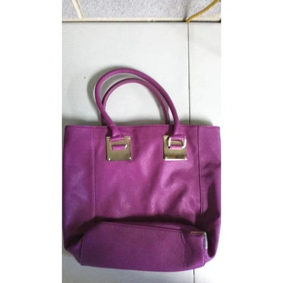 Purple Saffiano Faux Leather Tote Bag Gold Hardware Striped‎ Lining Shopper