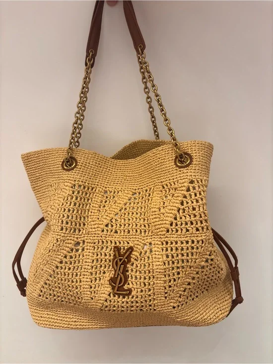 Saint Laurent Woven Raffia Tote in Natural Tan with Gold Hardware