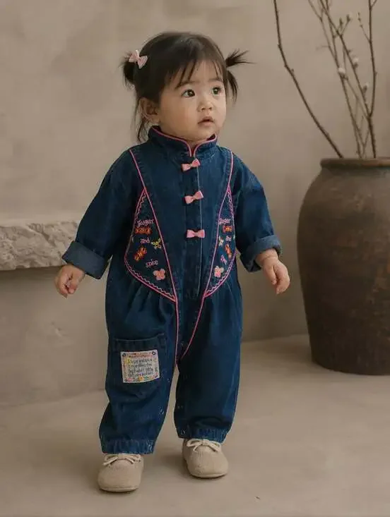 Vintage 90s Popsicle Baby Denim Romper 12M Sugar & Spice Embroidered