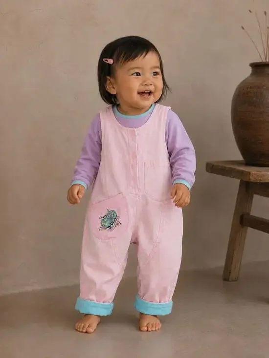 Vintage Playskool Pink Corduroy Overalls Romper 12M 80s 90s Kids Colorblock