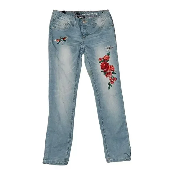 Lee Jeans Convertible Skinny Stretch Adjustable Embroidered Flowers Girls SZ 8