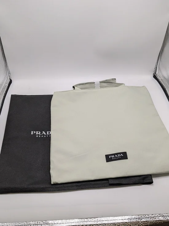 Prada Beauty Tote Bag & Pouch Set Cream Black Logo 14x14