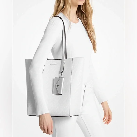 NWT MICHAEL Michael Kors Vincent Large Logo Tote Bag With Card Case Ivory