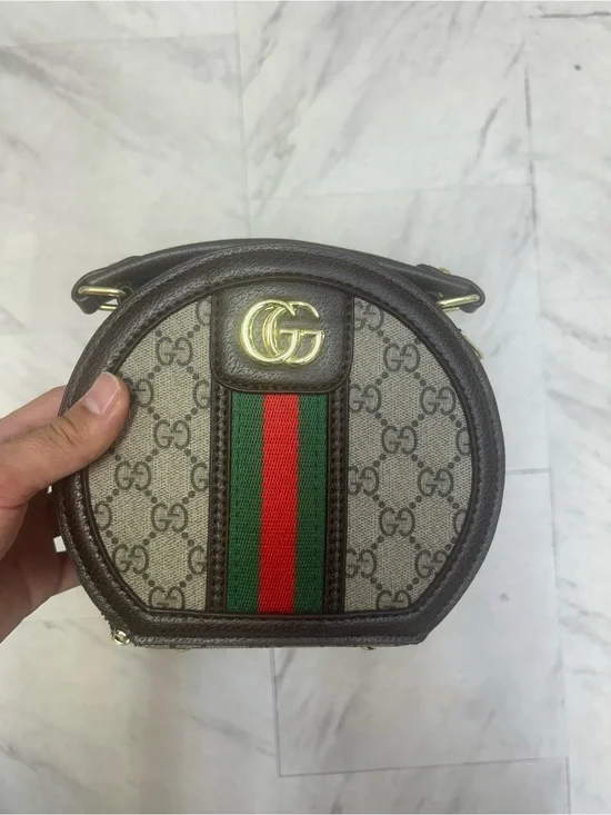 Gucci Brown GG Supreme Round Belt Bag with Green and Red Web