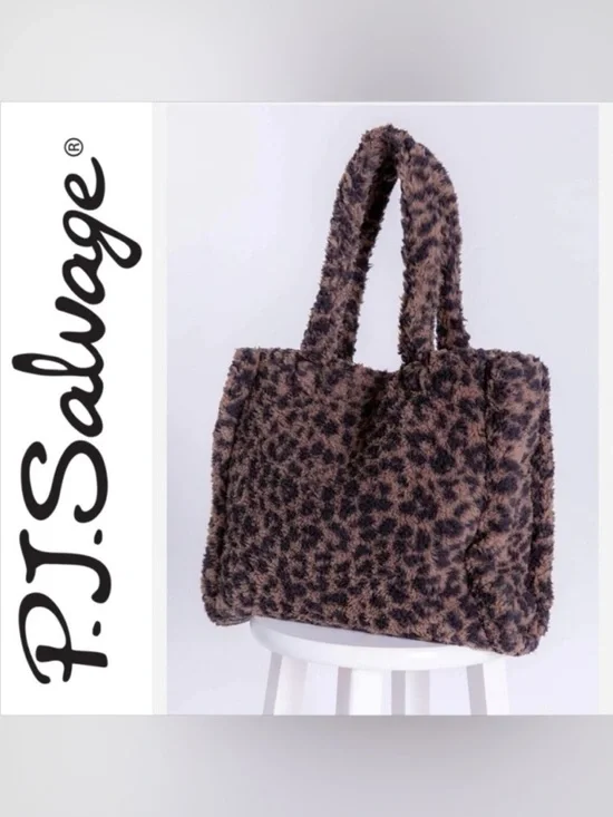 P.J. Salvage Animal Print Sherpa Tote Bag Large /Brown .