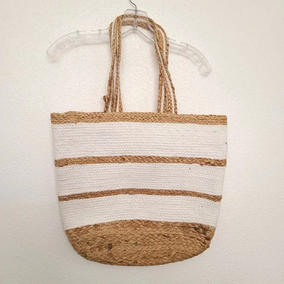 Chloe & Lex Cotton Jute White Striped Beach Tote Large Coastal Grandma Minimal‎