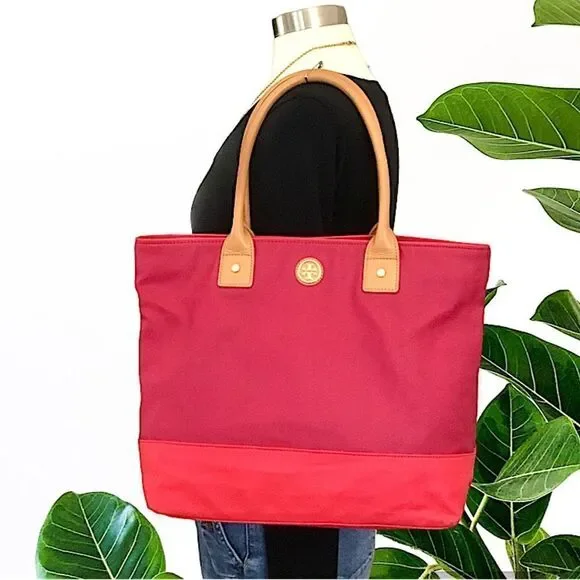 TORY BURCH RED COATED CANVAS TOTE TRAVEL, VACATION SHOPPING SCHOOL HANDBAG