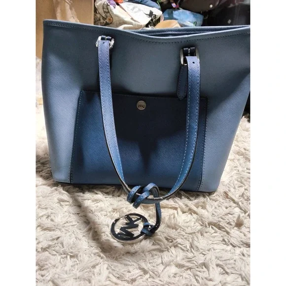 2.Michael Kors Saffiano Leather Two Tone Blue Tote Bag Silver Hardware Charm