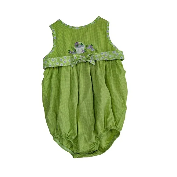 PA Kids‎ Vintage Bubble Romper Baby Girls 24M Green Gingham Berry Embroidery 90s