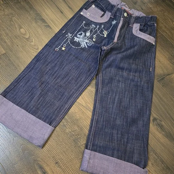 Oilily Girls Jeans Size 128 7/8 NWT Purple Trim Charm Embroidery Dark Wash‎