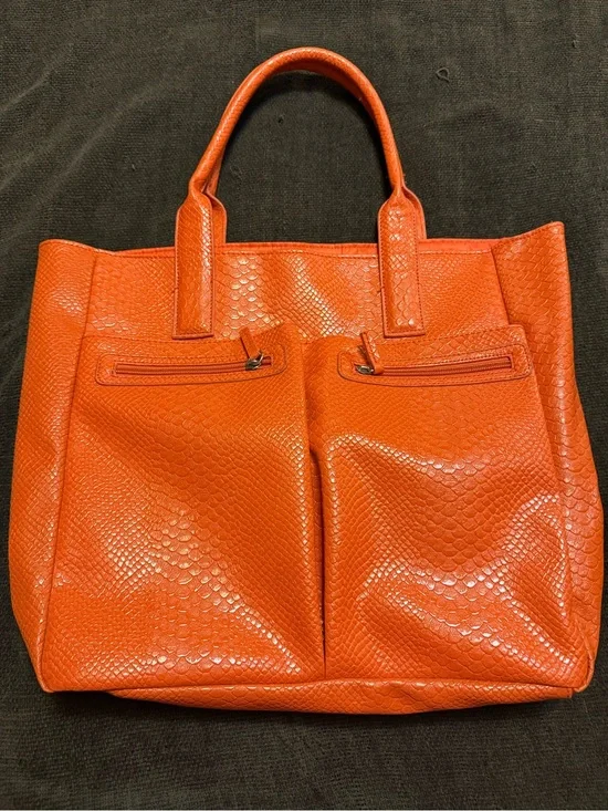Orange Textured Tote Bag with Front Zip Pockets - Women