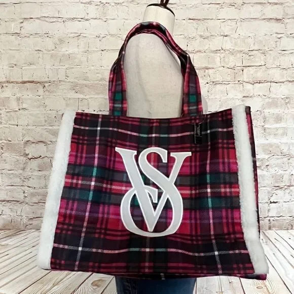 Victorias Secret plaid flannel Sherpa tote bag