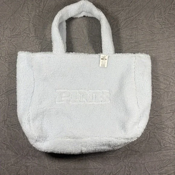 PINK Tote Bag Women One Size Blue Sherpa Fleece Logo Teddy Zip Shoulder Bag