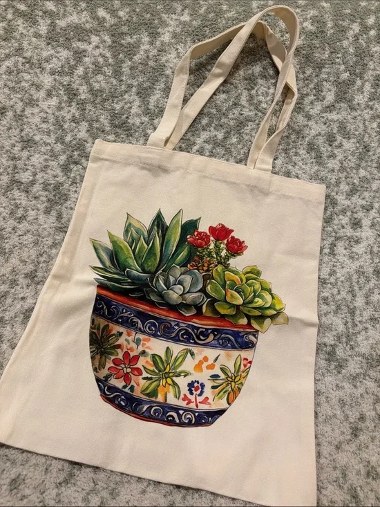 Southwest Ceramic Potted Succulents Cotton Canvas Tote Bag NWT 13.5x15.5”