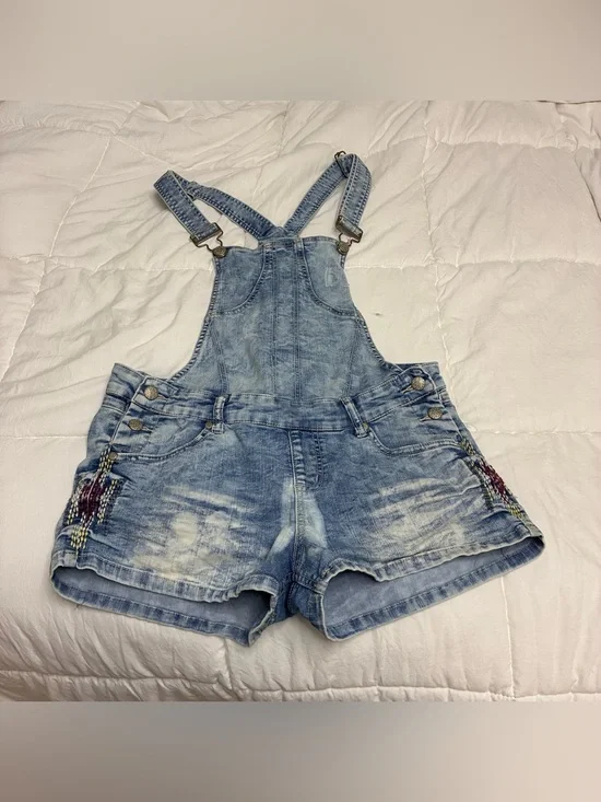 Blue Spice Embroidered Denim Overalls Shorts