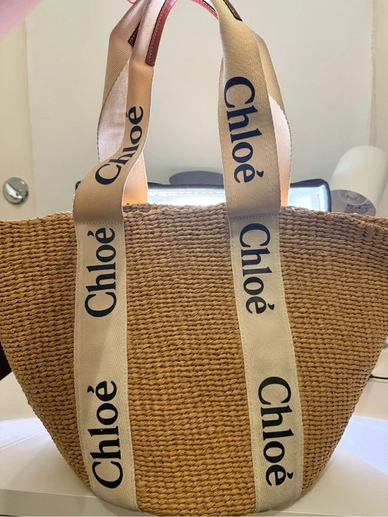 Chloé Natural Straw Tote with Branded Ribbon Handles