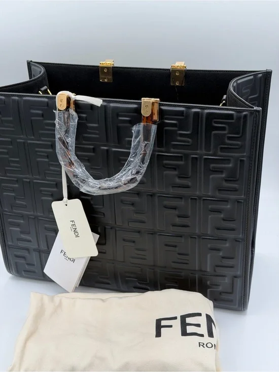 Fendi FF Black Embossed Leather Tote Bag New🔥