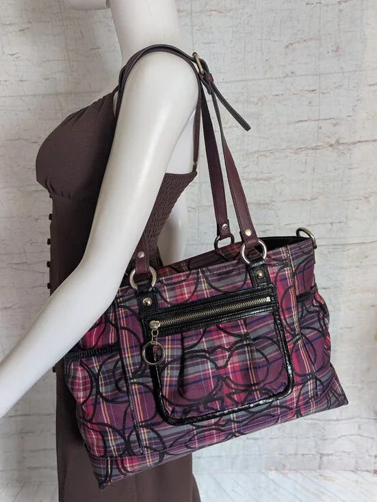 Coach Pink and Purple Plaid Signature Tote