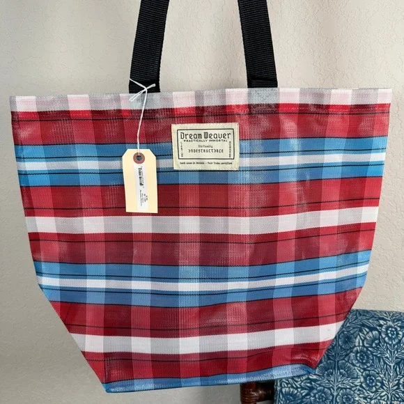 Dream Weaver‎ Bodega Market Bag Red Blue Plaid Woven Mesh Tote Fair Trade NWT