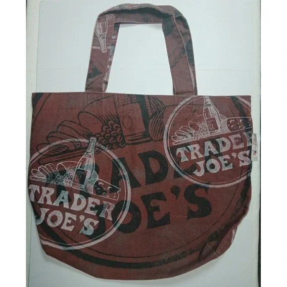 Rare Vintage Trader Joe's Canvas Tote Bag Maroon All Over Print Made In USA