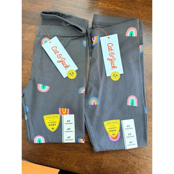 Cat & Jack Girls 4T Leggings‎ 2 Pack Tough Cotton Durable Knee Rainbow Gray NWT