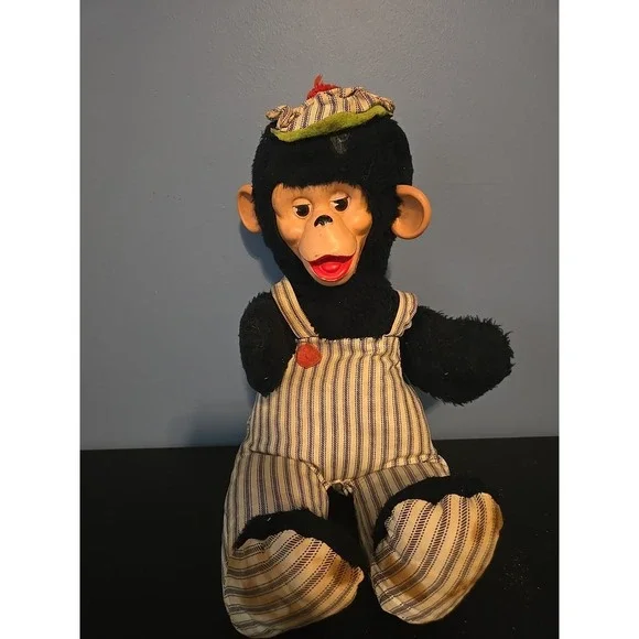Gund Vtg Chimpanzee Rubber‎ Face Plush  Blue Overalls Monkey Train Conductor