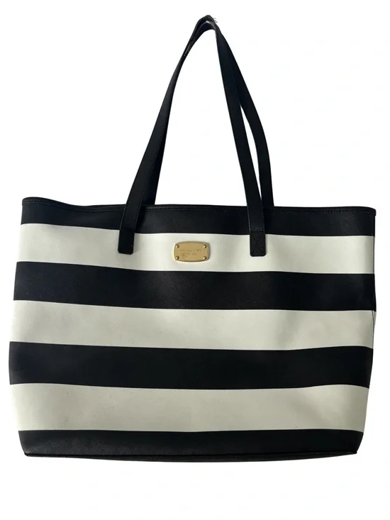 Michael Kors Jet Set Large Striped Saffiano Leather Tote Bag Black White