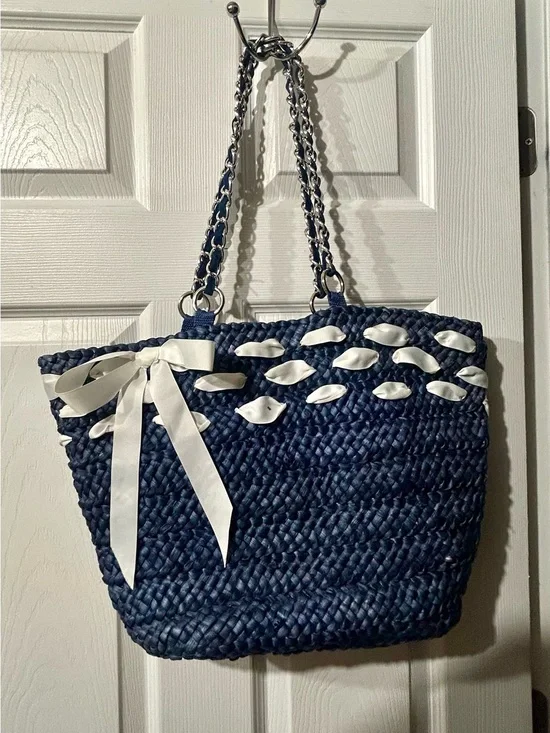 Woven Navy Straw Tote with White Ribbon Accent