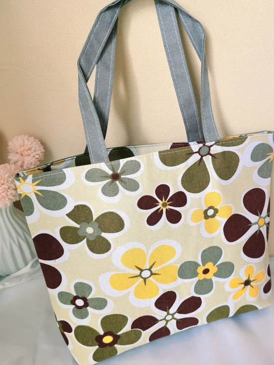 Floral Canvas Tote Bag in Yellow, Olive , Cream & Gray -‎ LARGE