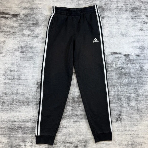 Adidas Boys Black White 3 Stripe Fleece Joggers Sweatpants Size Large‎ 14/16