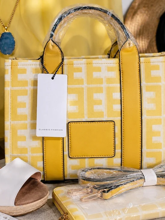 Classic Fashion Yellow Monogram Tote Bag w/Wallet & Crossbody Strap NWT