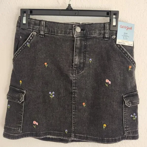 Cat & Jack Girls Size Large 14/16 Black Denim Skirt With Flower Embroidery NWT‎