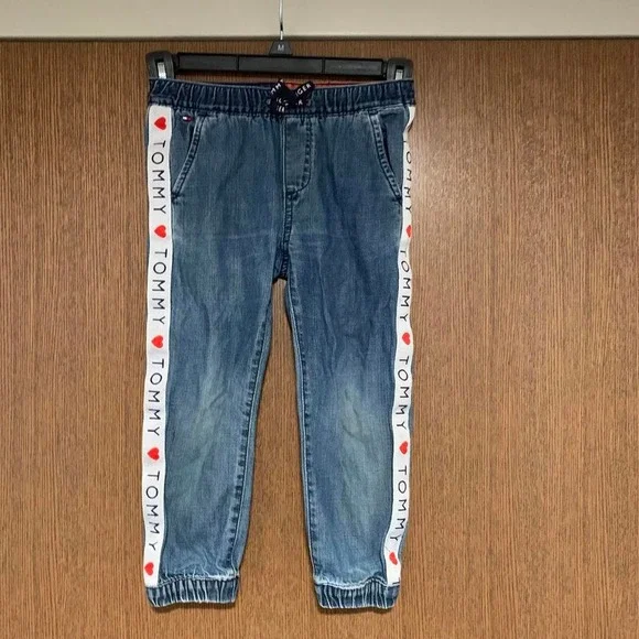 Children's size 4Y Tommy Hilfiger blue denim joggers with white side stripes