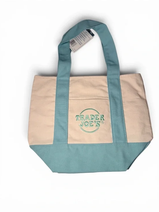 Trader Joe's Mini Pastel Canvas Tote Bag Light Blue Cream‎ Embroidered Logo NWT