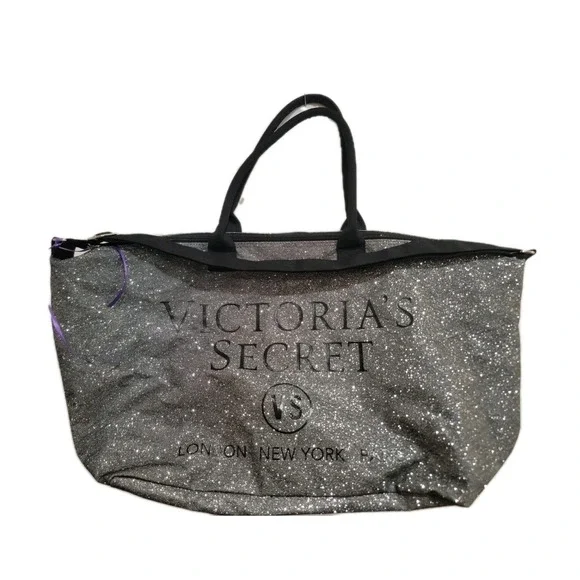 Victoria's Secret Silver Glitter Weekend Getaway Tote‎ Bag Large Duffel Sparkle