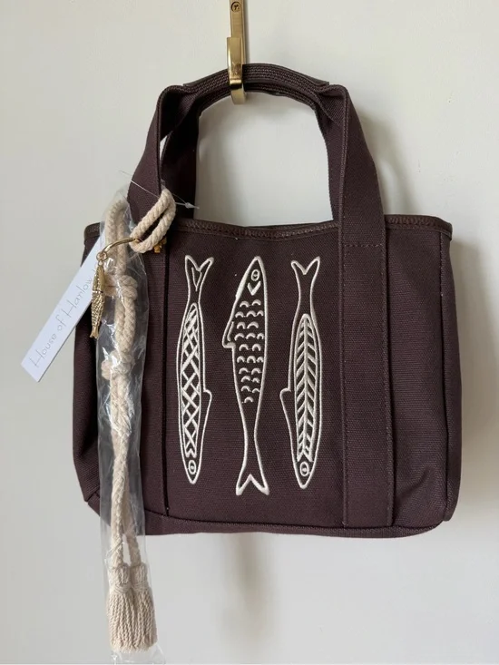 brown sardine fish Embroidered tote bag with charm