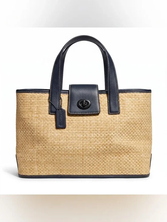 Coach Straw Pocket Tote 22904 Navy Leather Woven Turnlock Bag