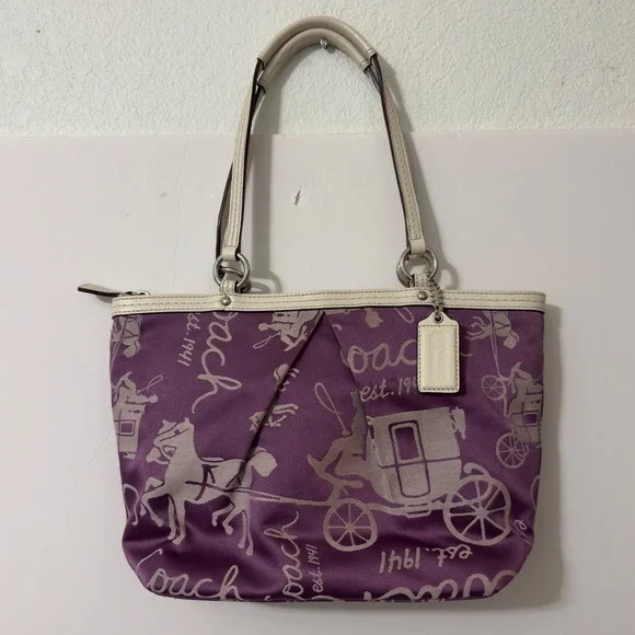 Coach Horse and Carriage Tote Bag Womens Medium Purple Good F14482 Sateen Purse