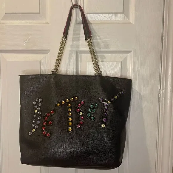 Betsey Johnson jewels large black synthetic leather tote gold tone chain straps