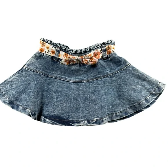 VTG Little Lass Baby Blue Acid‎ Wash Denim Skirt Floral Bow 12M Cottagecore Boho