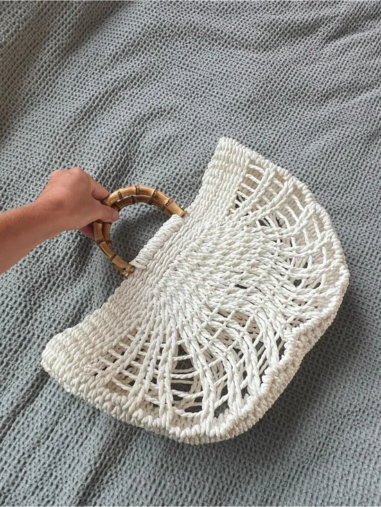 Woven Crochet Tote Bag with Bamboo Handles - White Purse Beach Bag