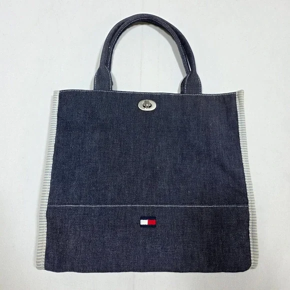 Tommy Hilfiger Tote Bag Womens Medium Blue Denim Turn Lock Striped Trim Handbag