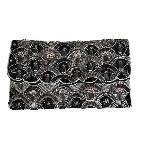 Ornate beaded OKPTA clutch snap closure velvet rhinestones and beads art-to-wear
