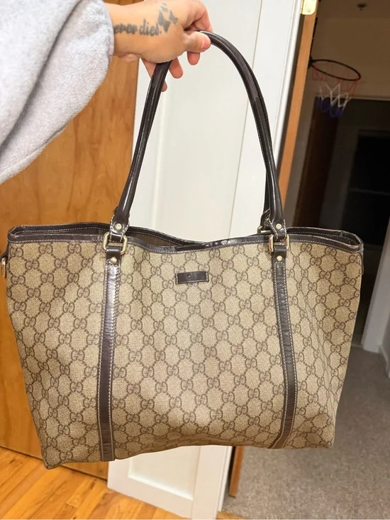 Gucci Beige GG Canvas Tote with Dark Brown Trim