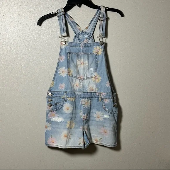 Wonder Nation Girl Kids Floral Denim Overalls Talls Shorts size‎ XL(14/16)